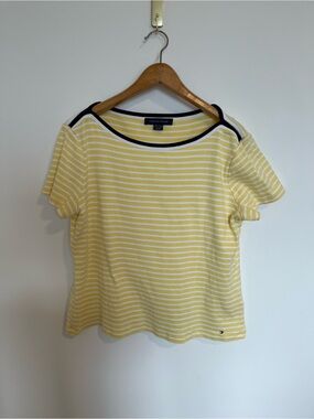 Tommy Hilfiger Yellow White Striped Crewneck Short Sleeve Top summer 100% cotton